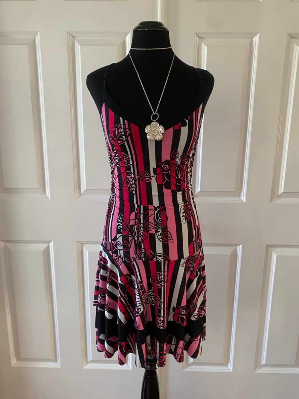 Y2k Pink & Black Flowy Floral Print Dress with Butterflies and Ruffles